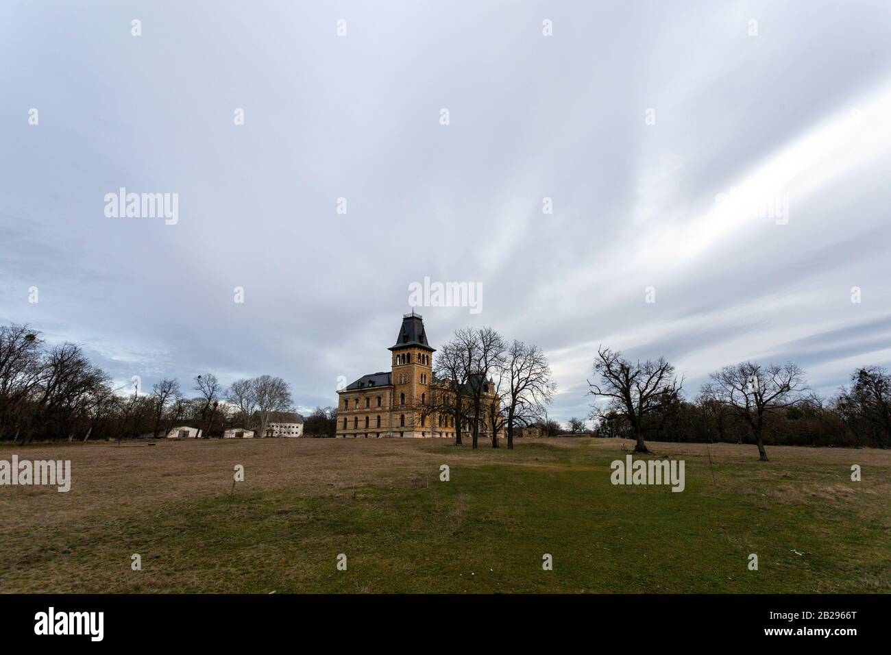 The abandoned Kegl castle in Csalapuszta, Hungary on a winter day. Stock Photo