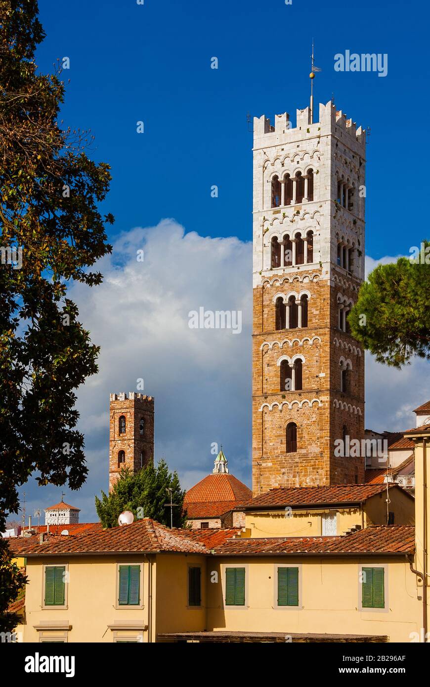 View of Lucca medieval historic center with ancient towers and belfries Stock Photo