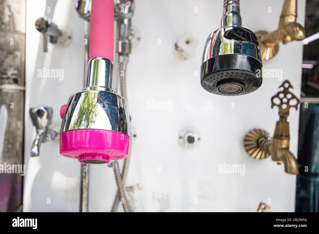 Shower head on the stand in a hardware store. selected focus. set of