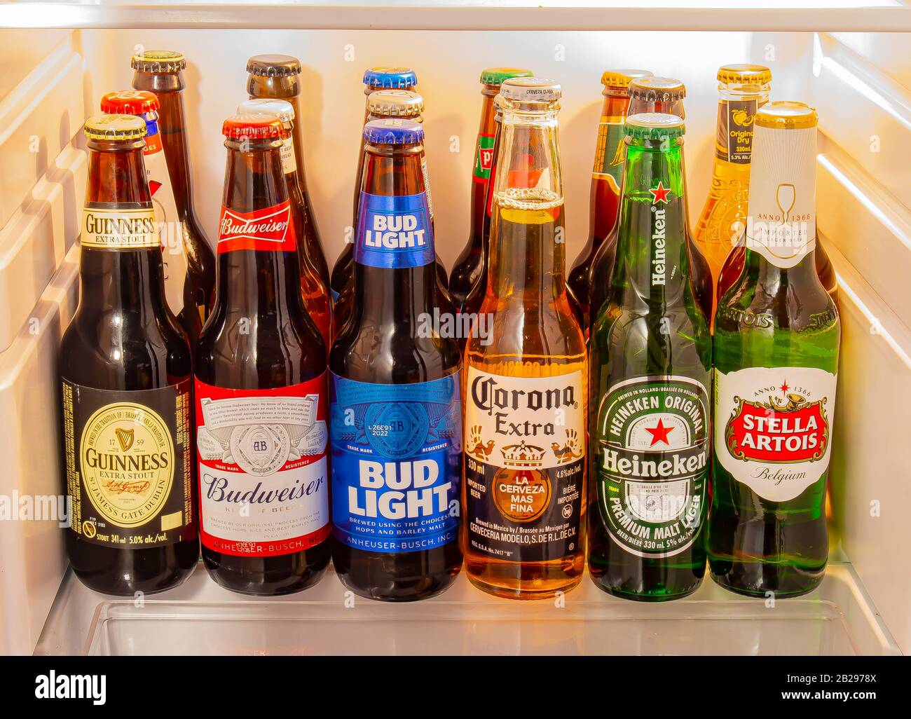 Calgary Alberta, Canada. Feb 01 2020. A group of world popular beer brands inside of a fridge Stock Photo