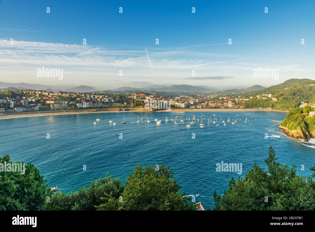 Aerial view of turquoise bay of San Sebastian or Donostia with beach La Concha at sunrise, Basque country, Spain Stock Photo