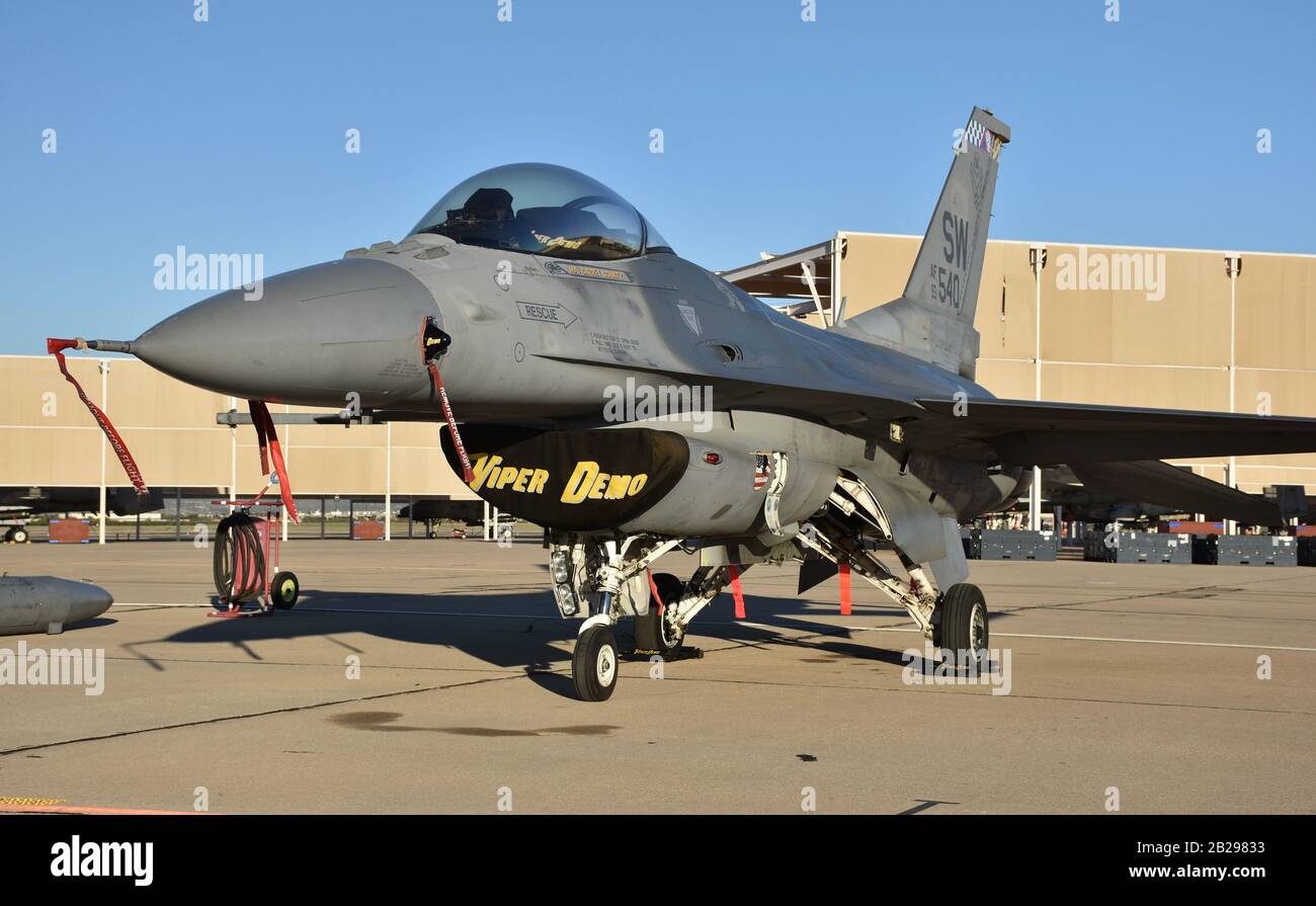 An Air Force F-16 Viper/Fighting Falcon on the runway at Davis-Monthan Air Force Base. This F-16 belongs to Shaw Air Force Base. Stock Photo