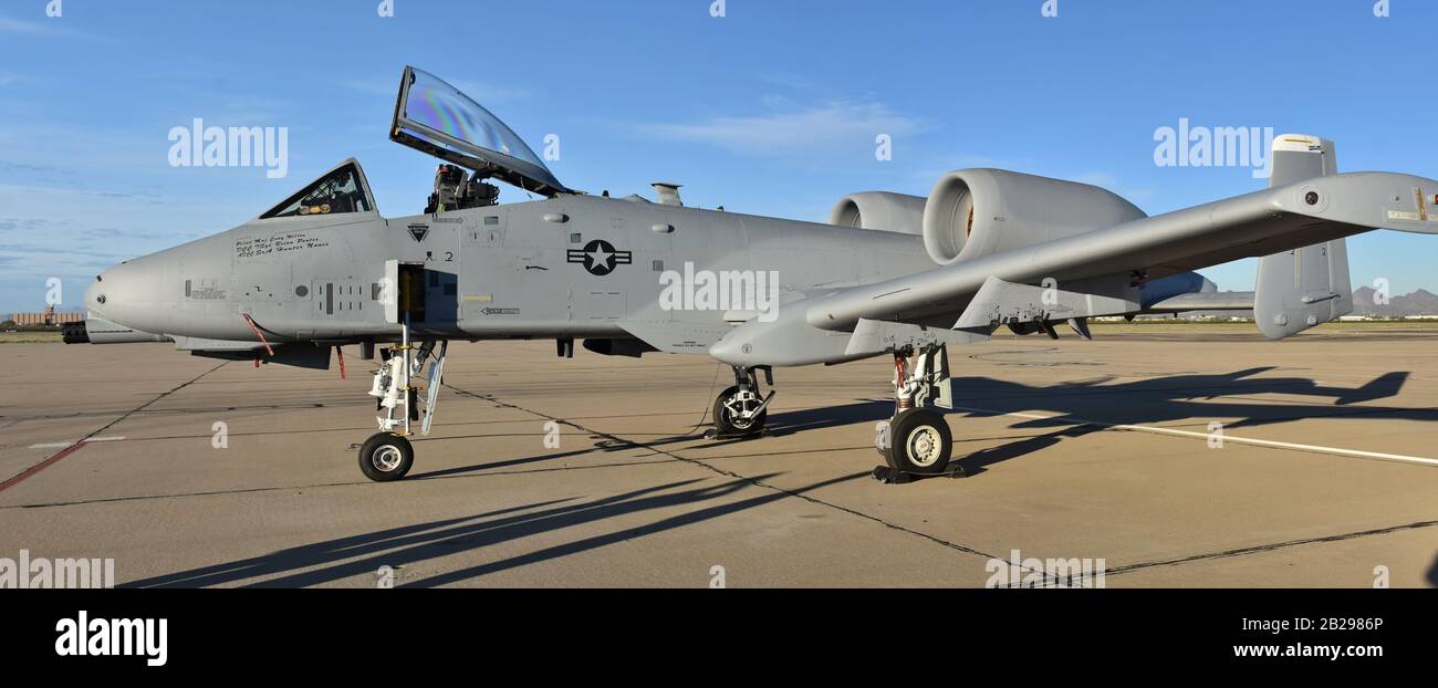 An Air Force A-10 Warthog/Thunderbolt II attack jet on the runway at Davis Monthan Air Force Base AFB. Stock Photo