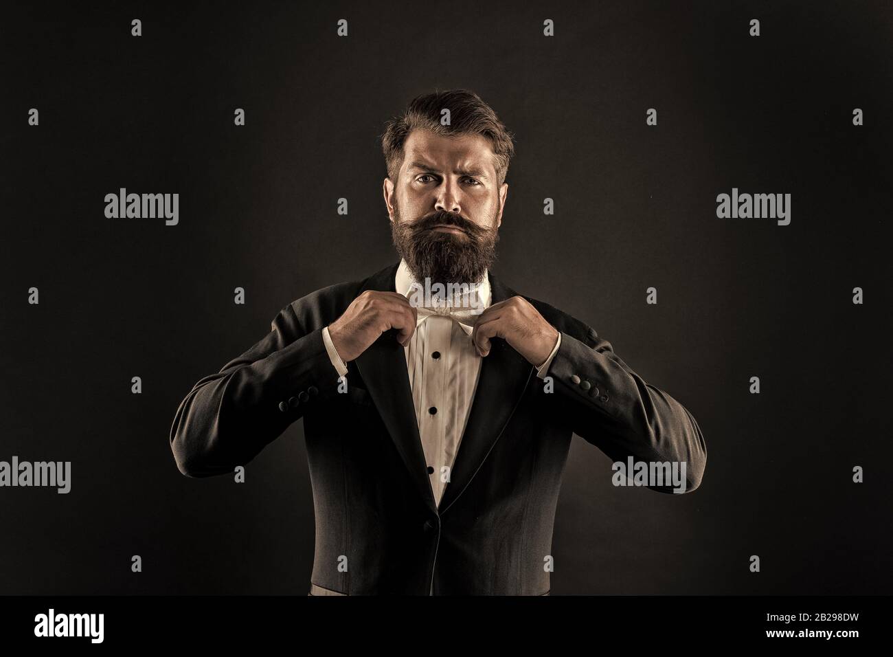 Bearded man with bow tie. Well dressed and scrupulously neat. Hipster formal suit tuxedo. Difference between vintage and classic. Official event dress code. Classic style. Menswear classic outfit. Stock Photo