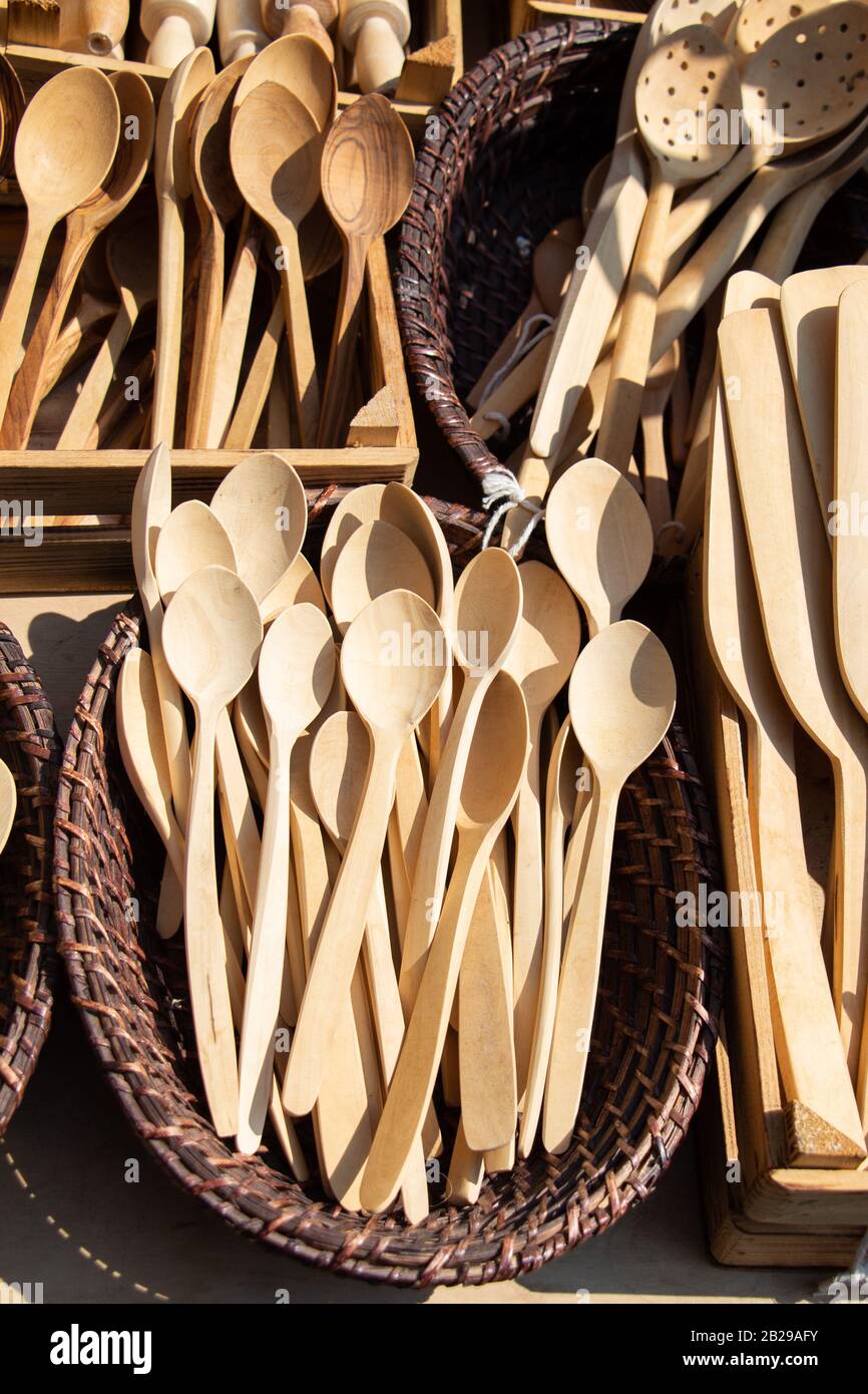 Handmade wooden kitchen utensils spoons wooden kitchen items Stock