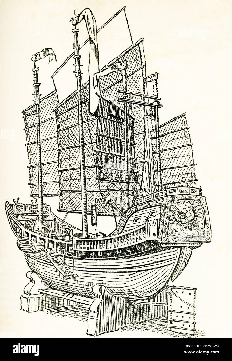 This illustration of a Chinese junk dates to the early 1900s and is based on a model in the south Kensington Museum in England. The junk is a type of Chinese sailing boat.They were developed during the Song dynasty (960–1279) based on maritime Southeast Asian ship designs that have been trading with the Eastern Han dynasty since the 2nd century AD. Stock Photo
