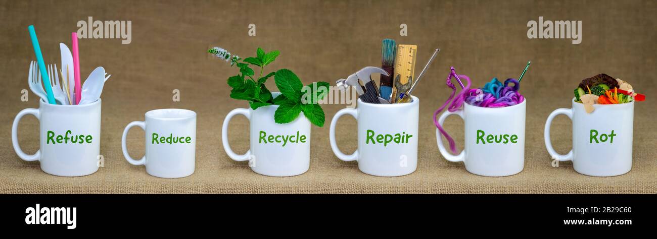 https://c8.alamy.com/comp/2B29C60/zero-waste-management-illustrated-in-6-mugs-with-relevant-contents-refuse-reduce-recycle-repair-reuse-rot-eco-lifestyle-sustainable-living-an-2B29C60.jpg