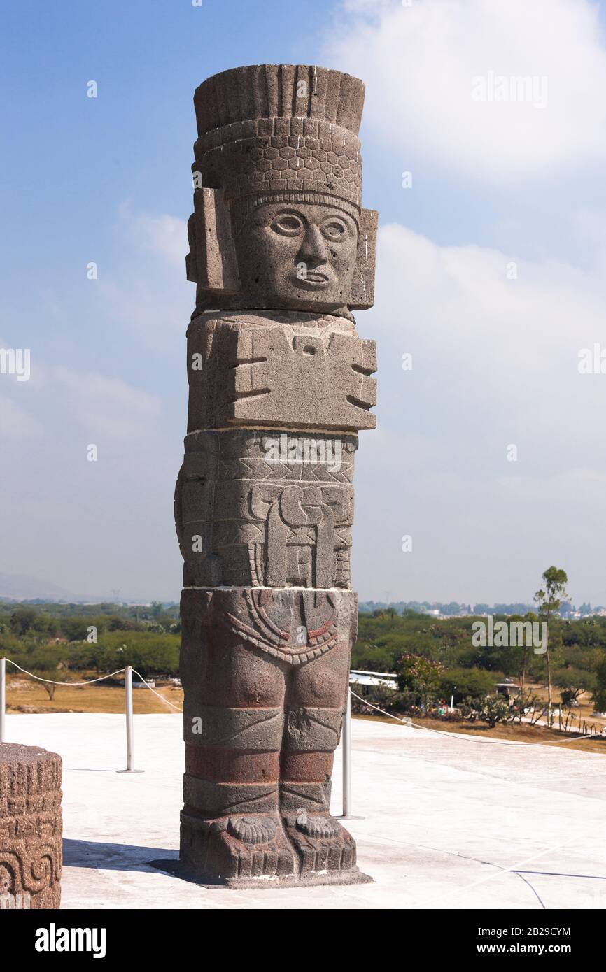 Stone figures of Toltec warriors, Pyramid of Quetzalcoatl, Tula archaeological site, state of Hidalgo, Mexico, Central America Stock Photo