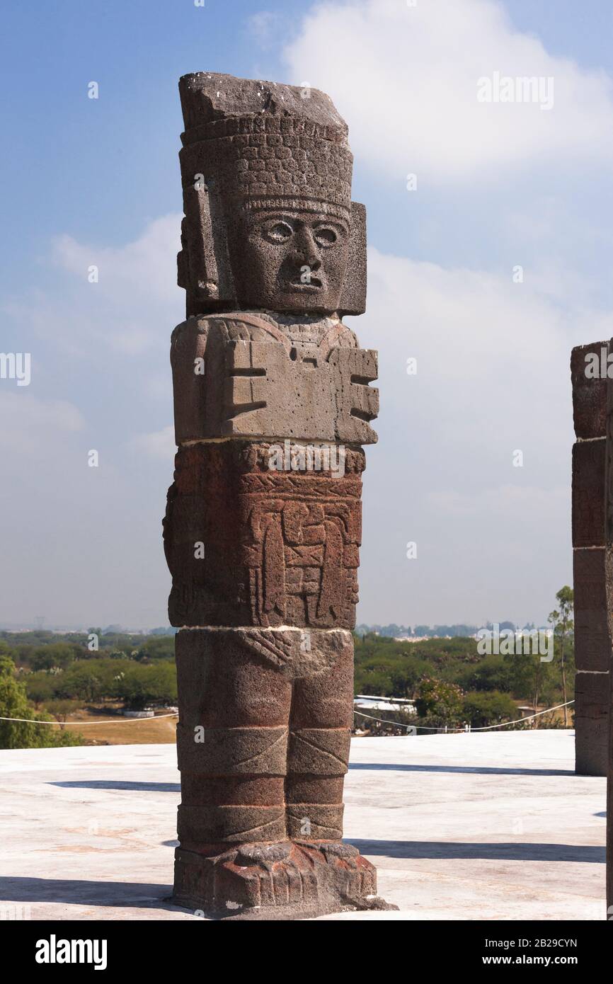 Stone figures of Toltec warriors, Pyramid of Quetzalcoatl, Tula archaeological site, state of Hidalgo, Mexico, Central America Stock Photo