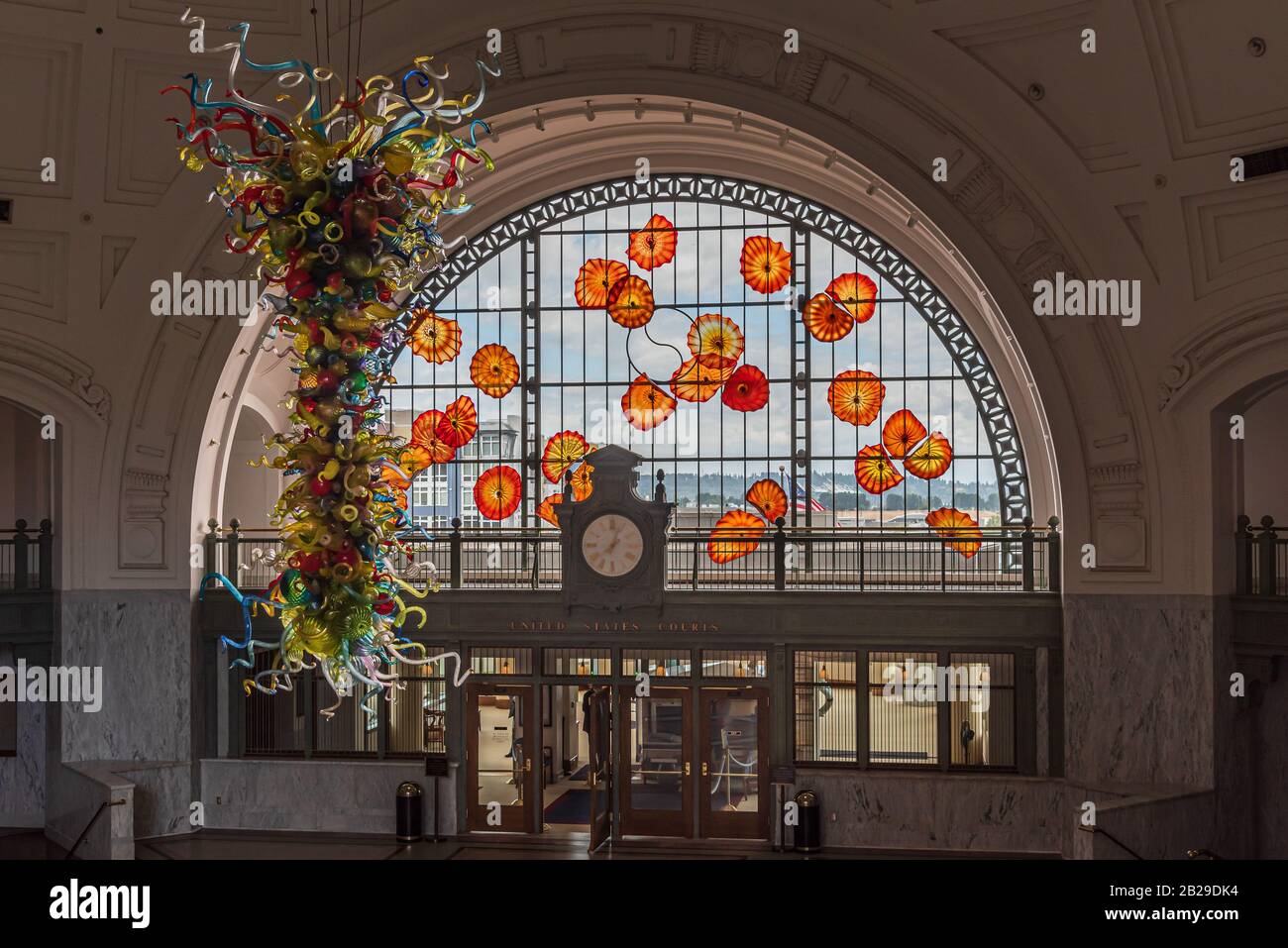 The Union Station in Tacoma was restored and converted into a federal courthouse.  The  hosts a collection of Dale Chihuly glass art. Stock Photo