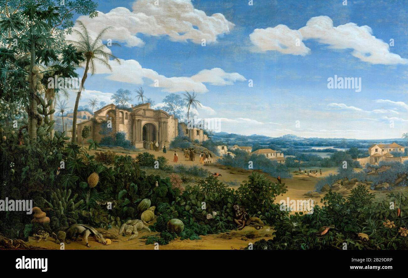 View of Olinda in Brazil. On the left side of a hill a group of people near the ruins of the church. In the foreground tropical plants, fruits and animals (armadillo, monkey, sloth, anteater, lizard). Frans Jansz Post (1612–1680), oil on canvas, 1662 Stock Photo