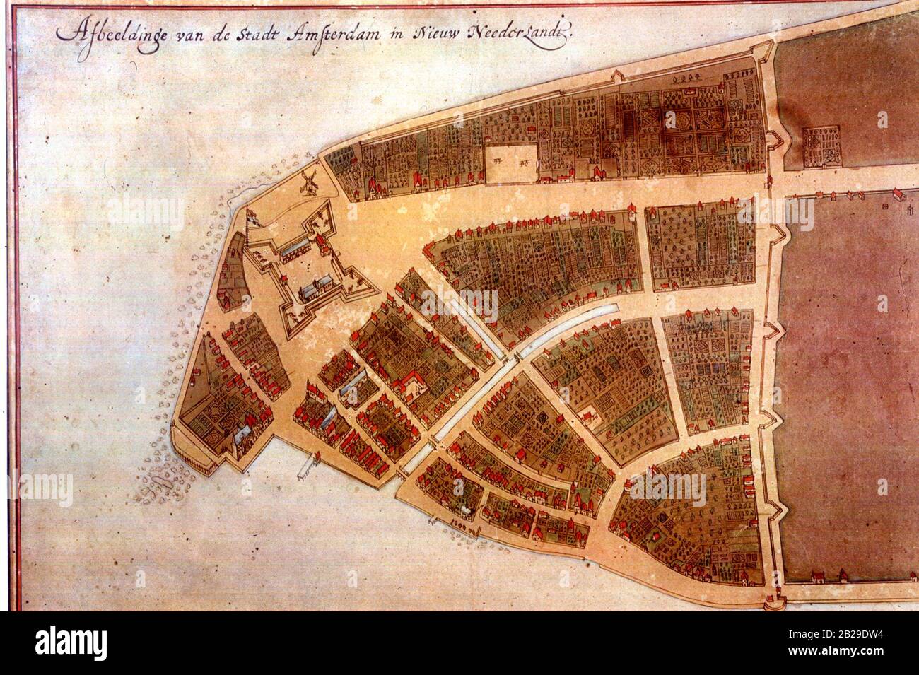 The Castello plan is the earliest known plan of Amsterdam (so not New Amsterdam, as you can see on the picture), and the only one dating from the Dutch period. The text at the top of the image states: 'Image of the city Amsterdam in New Netherland', circa 1660 Stock Photo