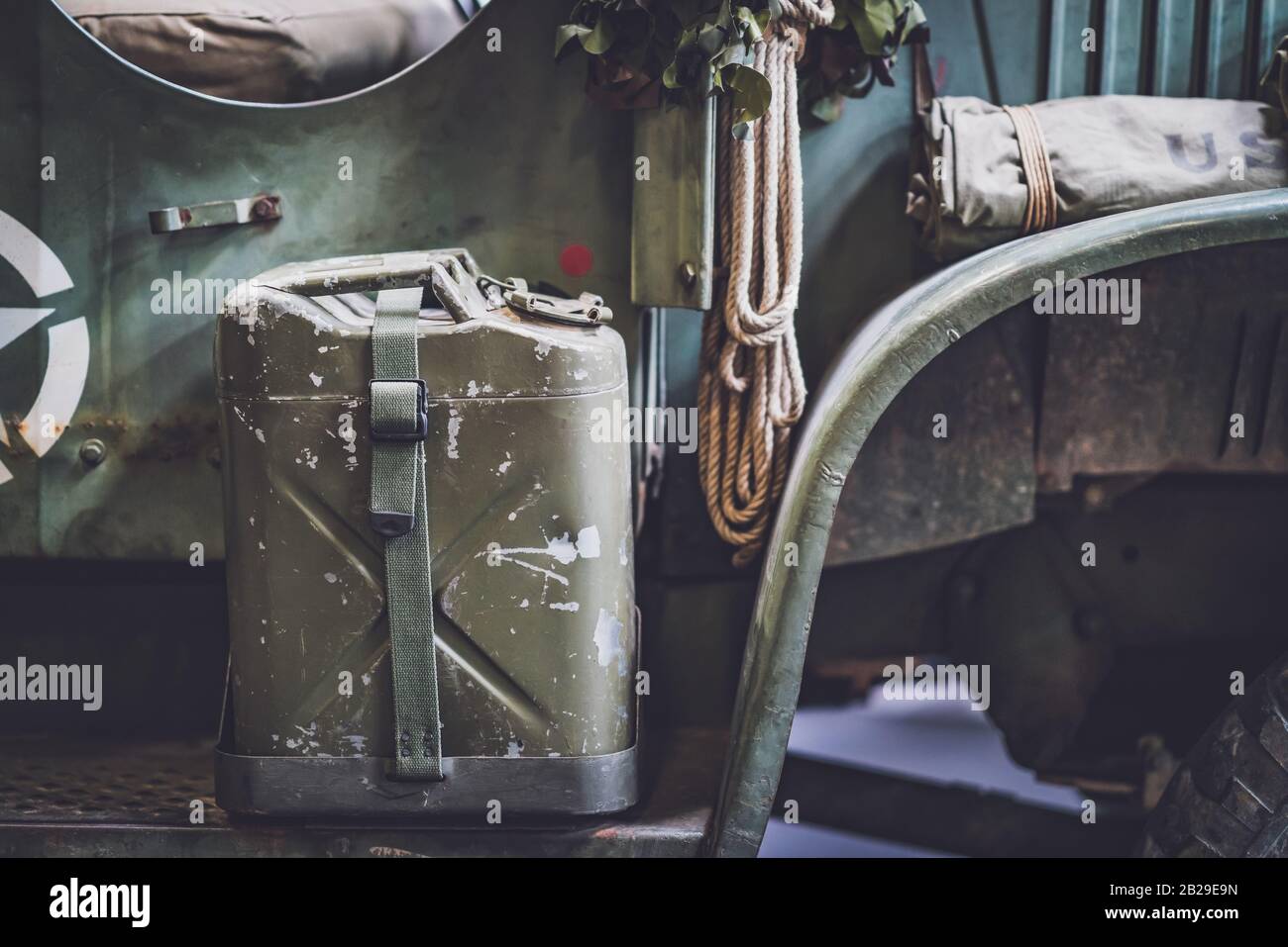 Metal fuel can of a WWII 1942 GMC CCKW 352 military truck commonly known as Jimmy Stock Photo