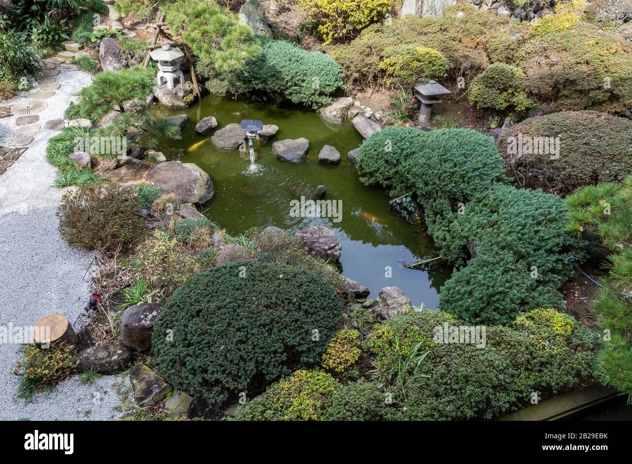 Josei-ji Temple Garden is called 'heron singing' garden named after a poem by a famous Chinese poet Li  Bai 'fish swim in the blue water pond and hero Stock Photo