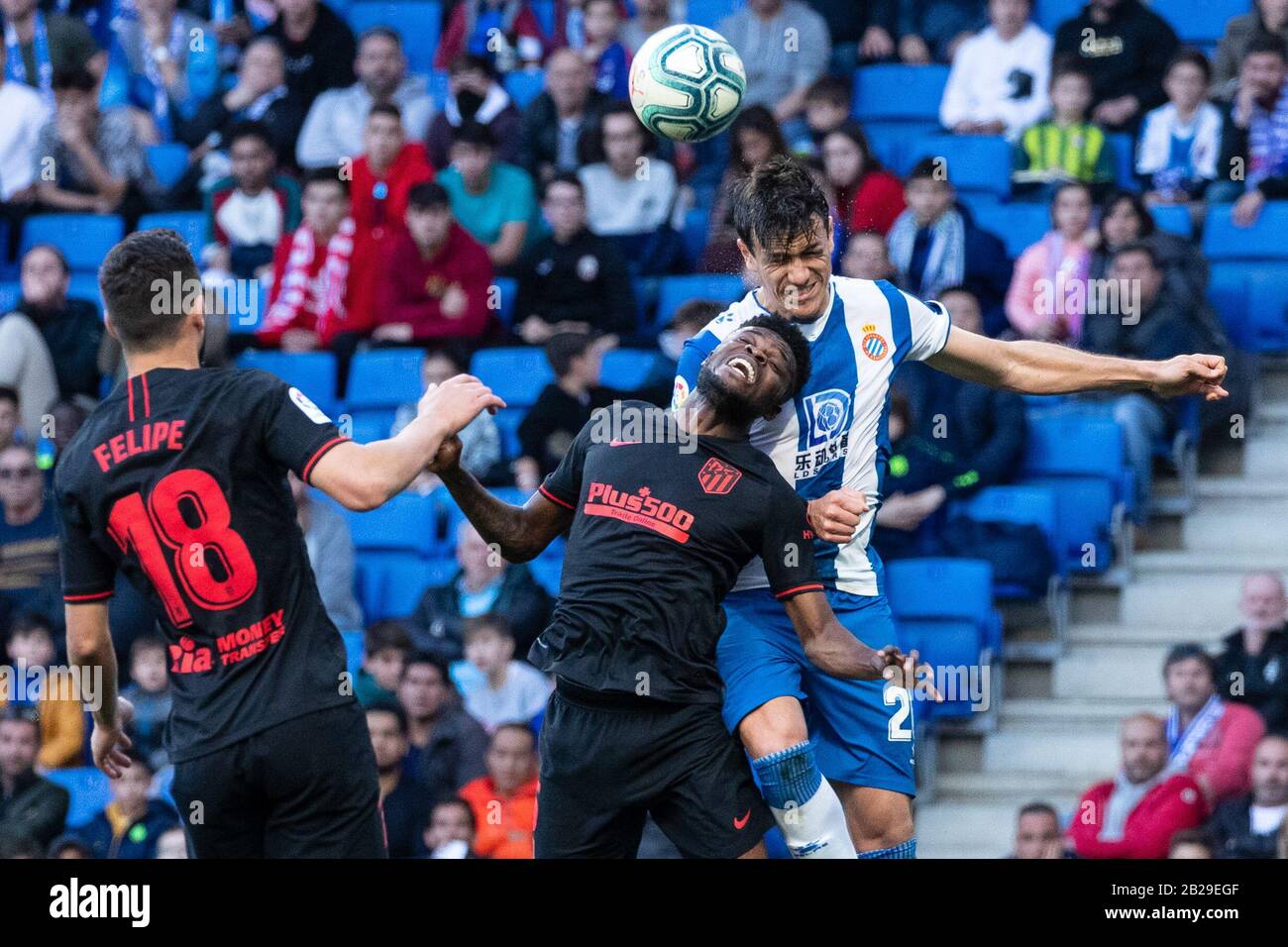 Barcelona. 1st Mar, 2020. RCD Espanyol's Bernado Espinosa (R) competes during a Spanish league match between RCD Espanyol and Athletico Madrid in Barcelona, Spain on March 1, 2020. Credit: Joan Gosa/Xinhua/Alamy Live News Stock Photo