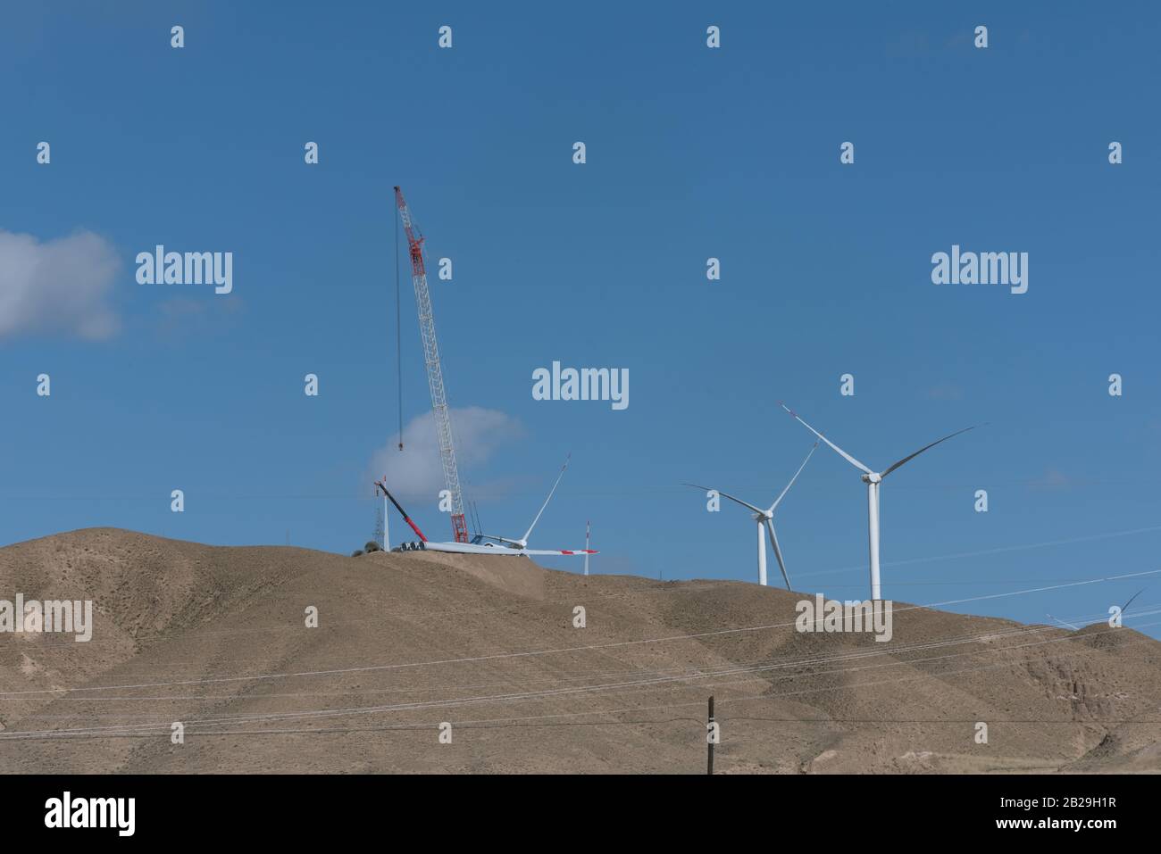 Construction of wind turbine on wind power plant Stock Photo