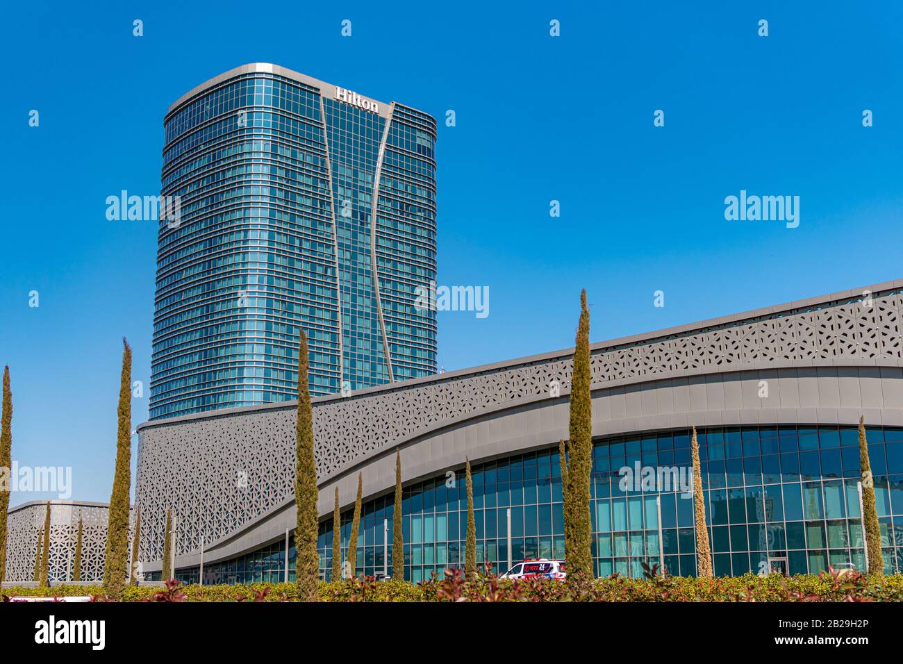 Tashkent, Uzbekistan - March 01, 2020: New Hilton hotel building in Uzbekistan capital - Tashkent, medium shot Stock Photo