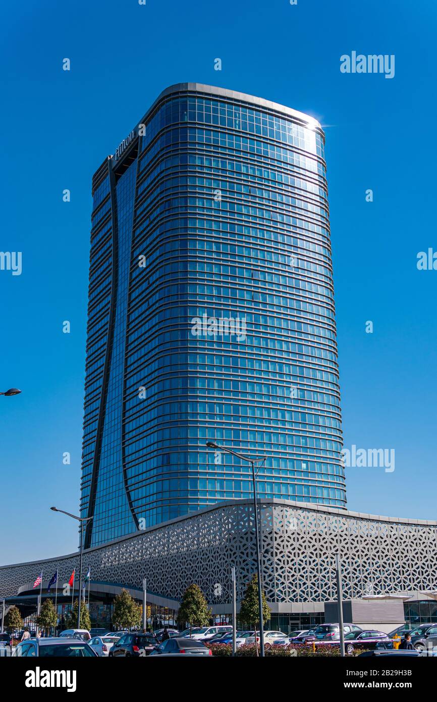 Tashkent, Uzbekistan - March 01, 2020: New Hilton hotel building in Uzbekistan capital - Tashkent, medium shot Stock Photo