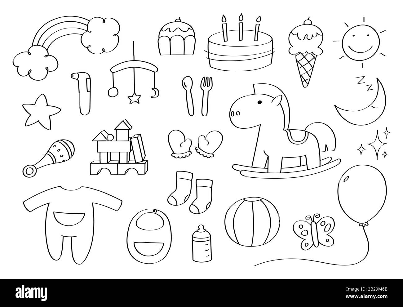 Cute doodle baby accessories cartoon icons and objects. Stock Vector