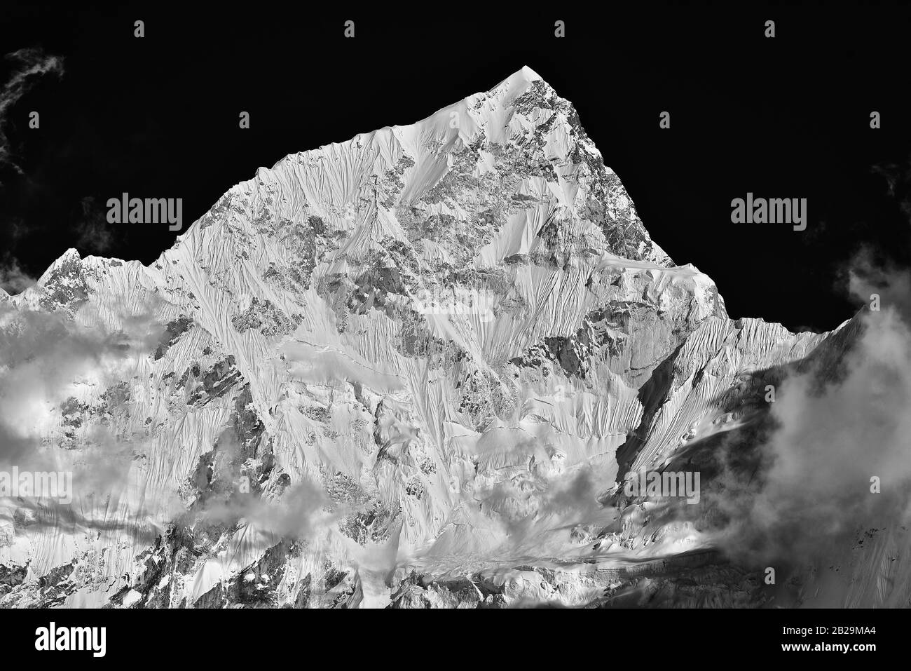 Lhotse, the fourth highest mountain in the world, of Himalayas in Nepal (black and white) Stock Photo