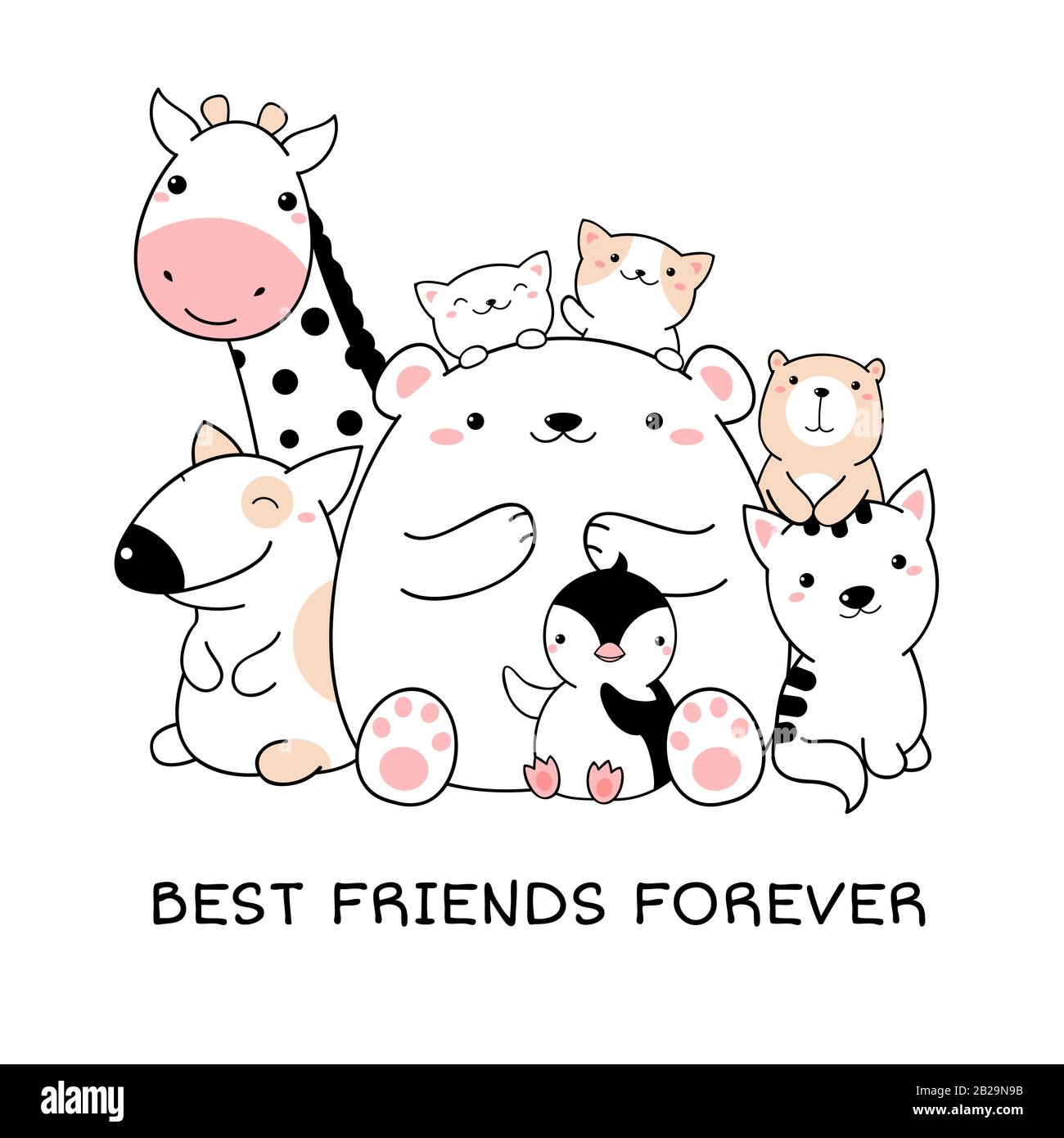 Best friends forever. Group of cute animals in kawaii style ...