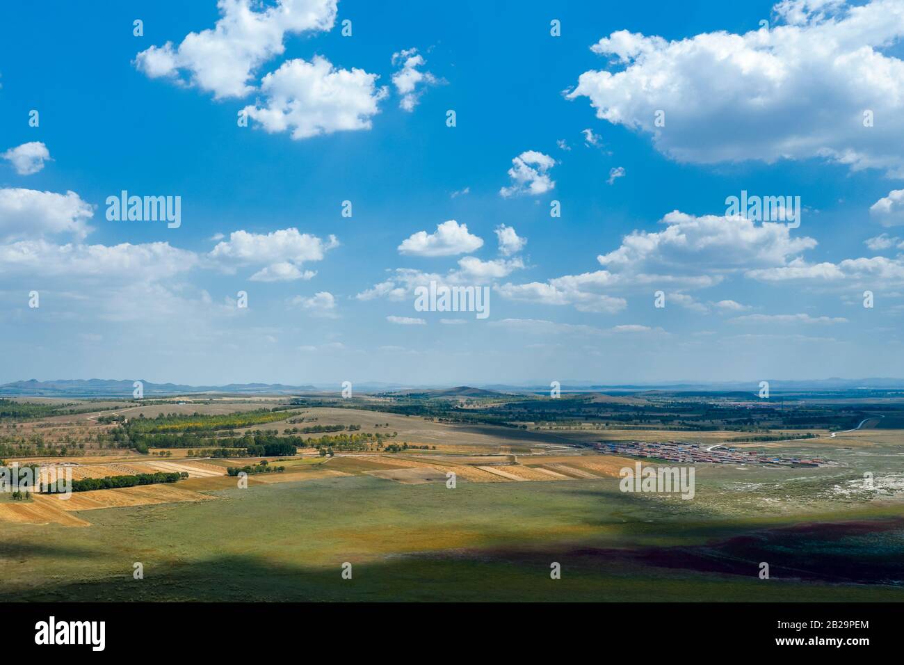 Steppe with trees and buildings, Taipusi Banner, Inner Mongolia, China Stock Photo
