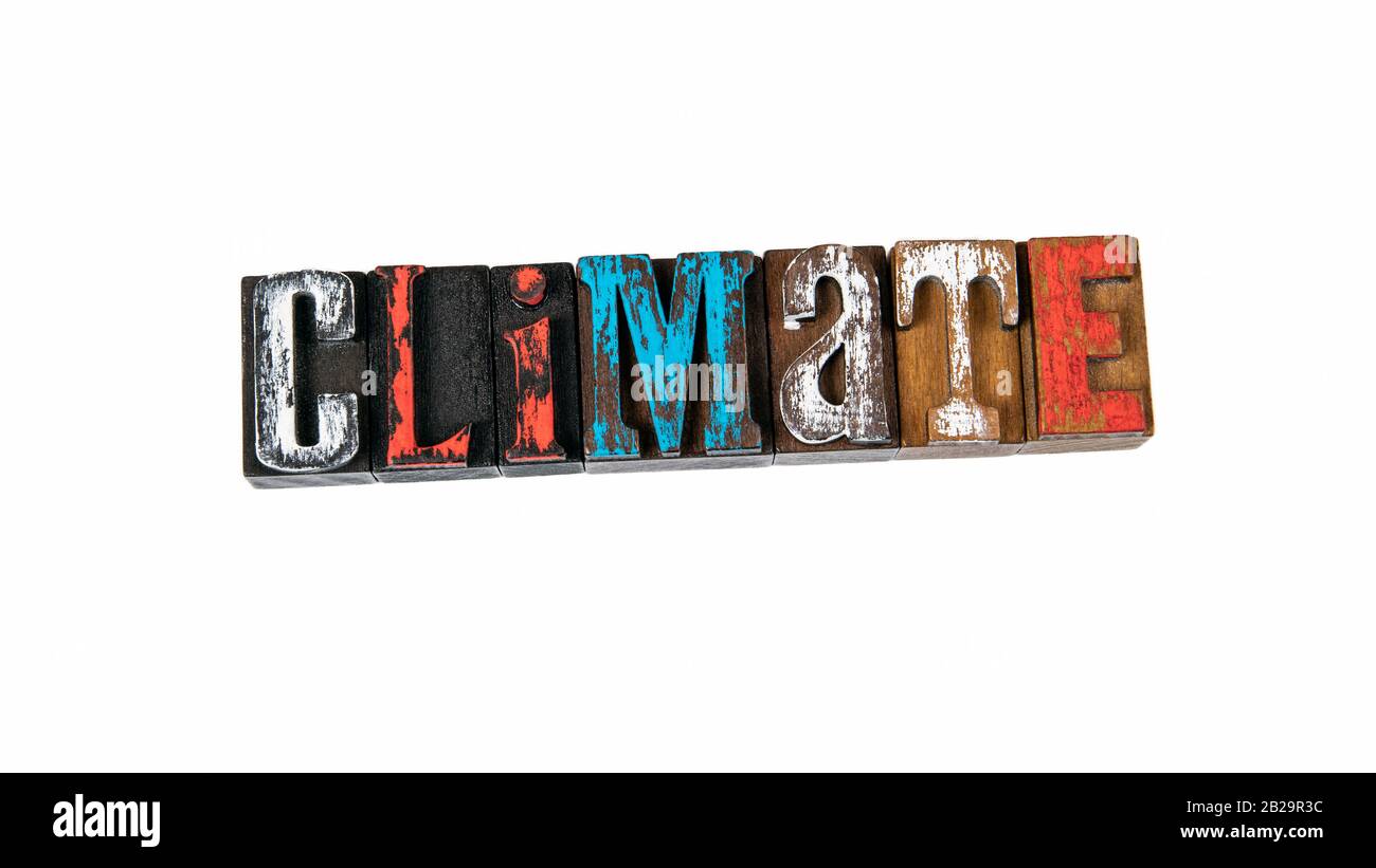 Climate. Change, Ecology, Waste Recycling and Production Concept. Colored wooden letters on a white background Stock Photo