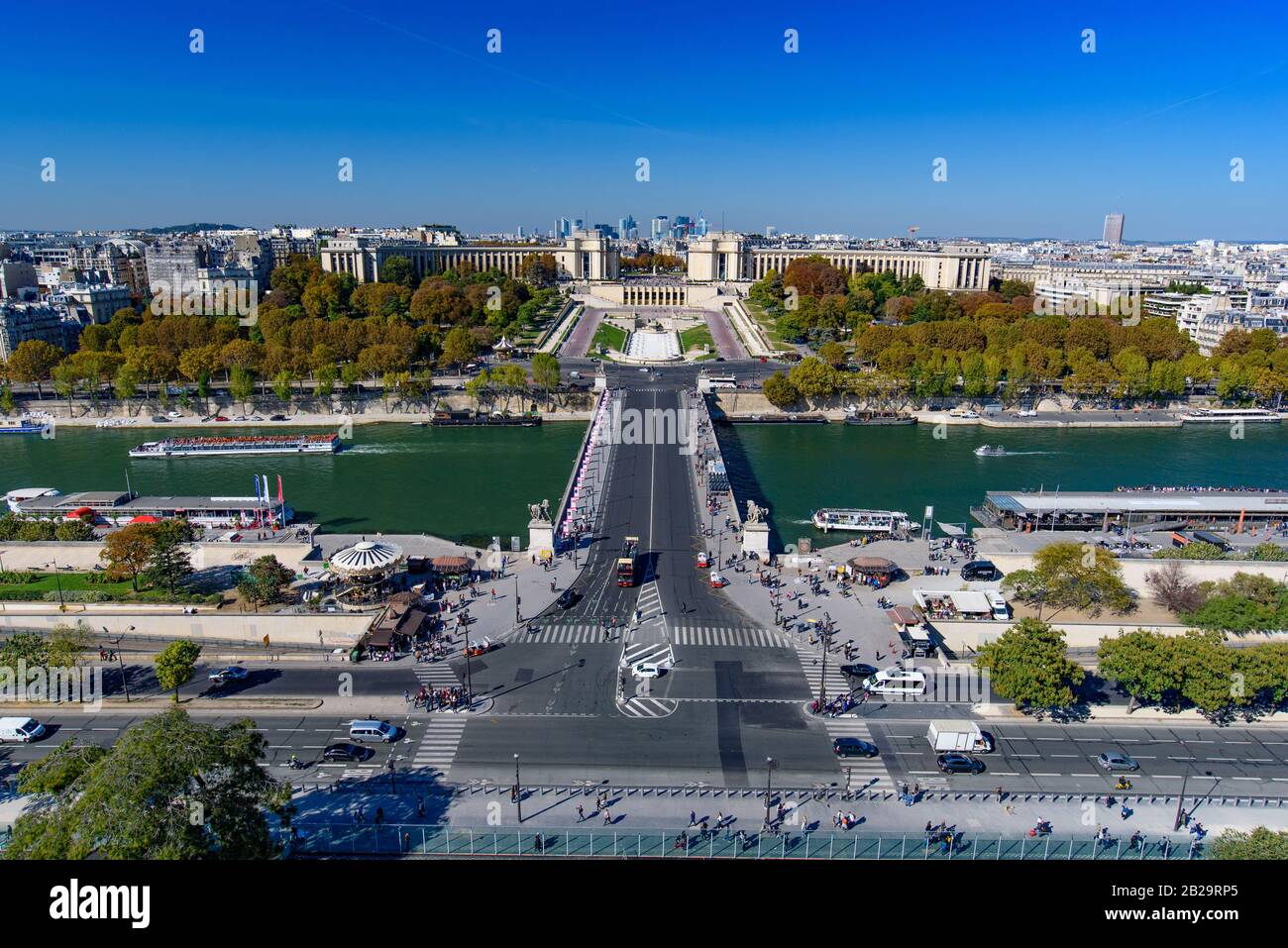 Aerial view of Palais de Chaillot, Seine river, and the skyline of Paris city from Eiffel Tower, Paris, France, Europe Stock Photo