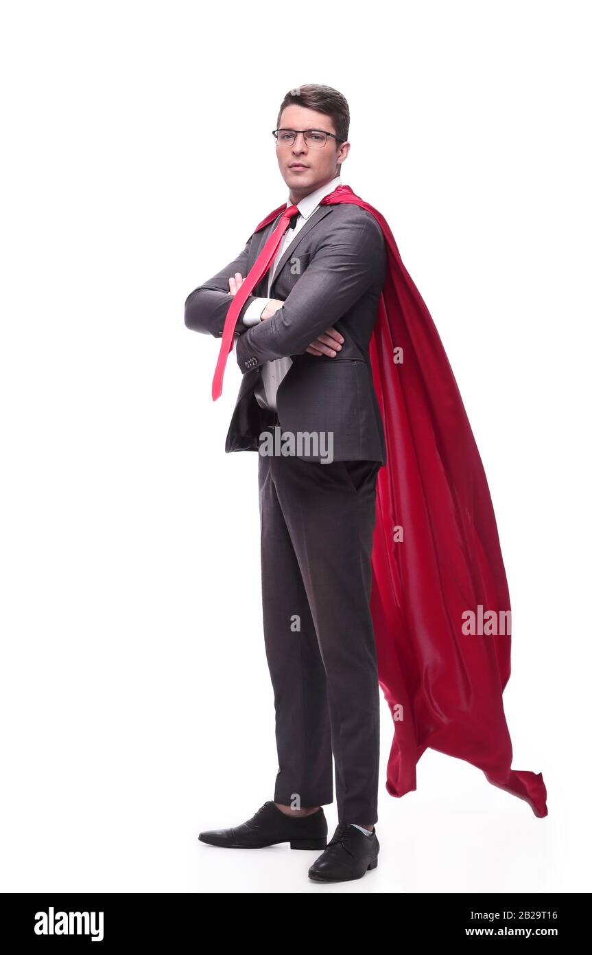 full length . confident businessman superhero in a red Cape Stock Photo ...