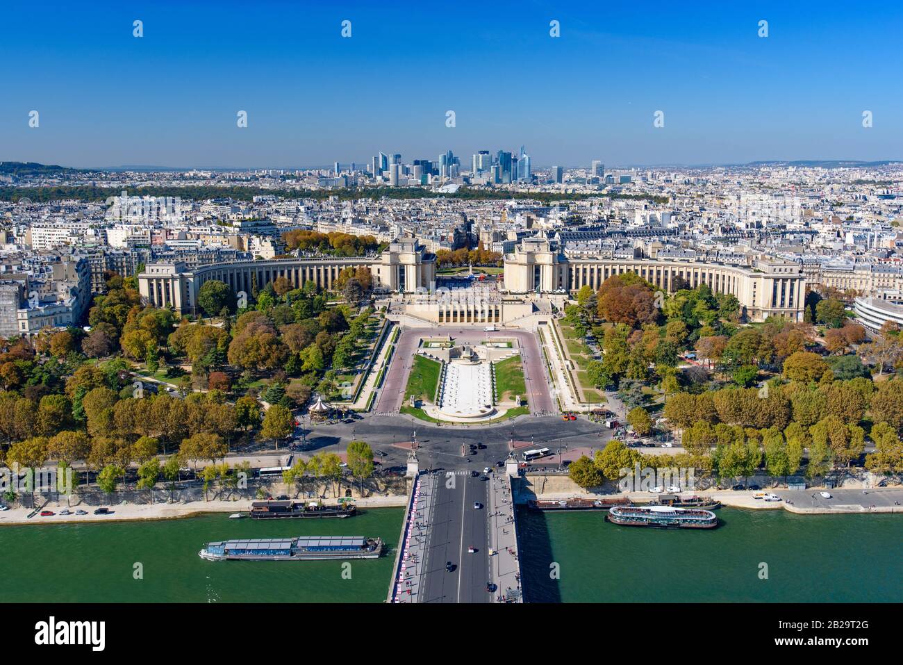 Aerial view of Palais de Chaillot, Seine river, and the skyline of Paris city from Eiffel Tower, Paris, France, Europe Stock Photo
