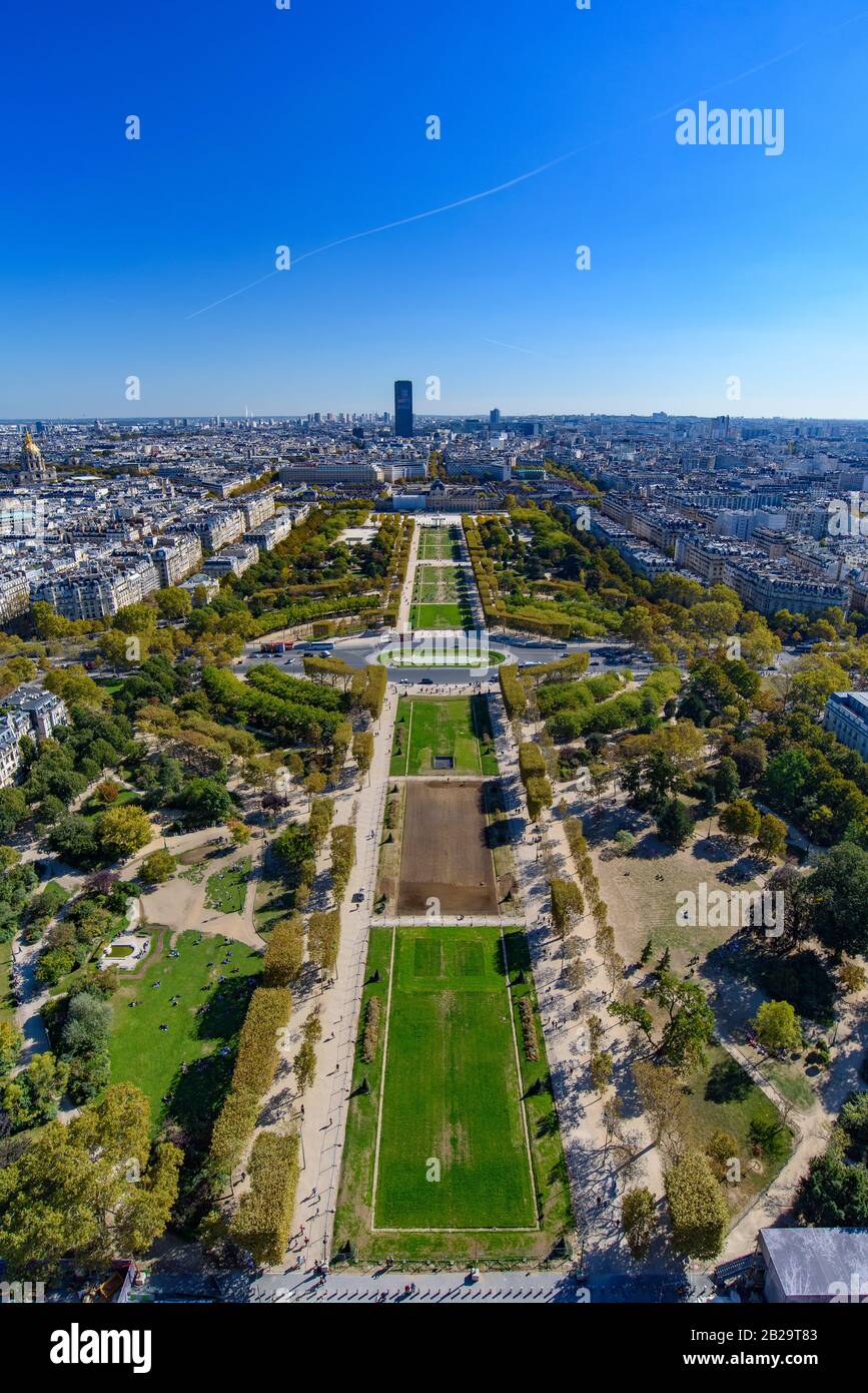 Aerial view of Champ de Mars Park from Eiffel Tower, Paris, France, Europe Stock Photo