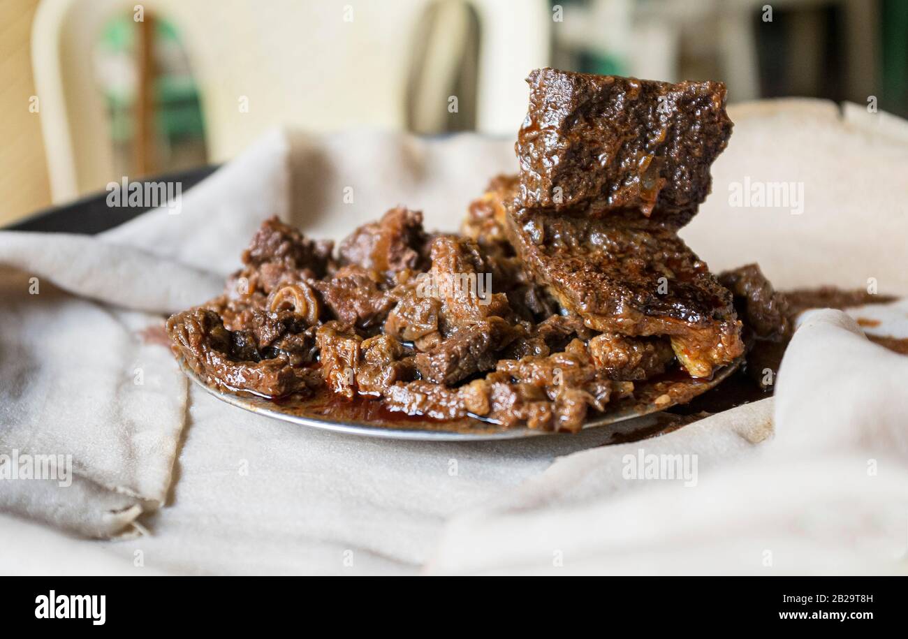 Beef tibs prepared in a restaurant in Ethiopia Stock Photo