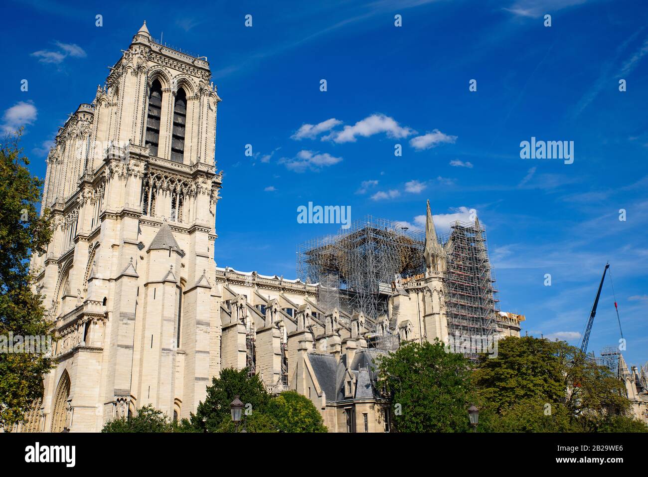 Notre Dame Cathedral under reconstruction after the fire in Paris, France Stock Photo