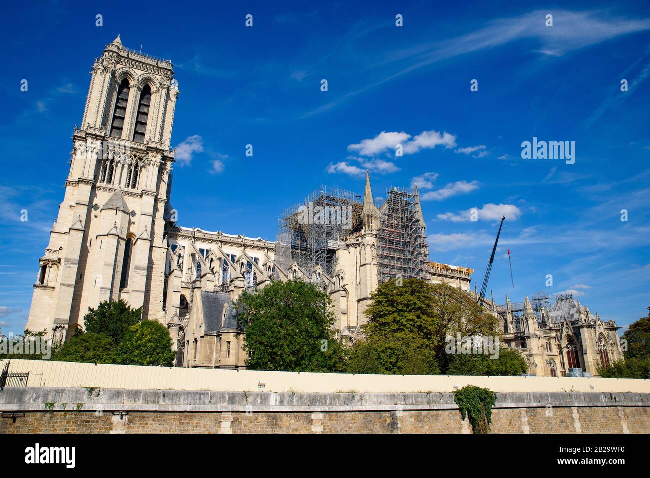 Notre Dame Cathedral under reconstruction after the fire in Paris, France Stock Photo