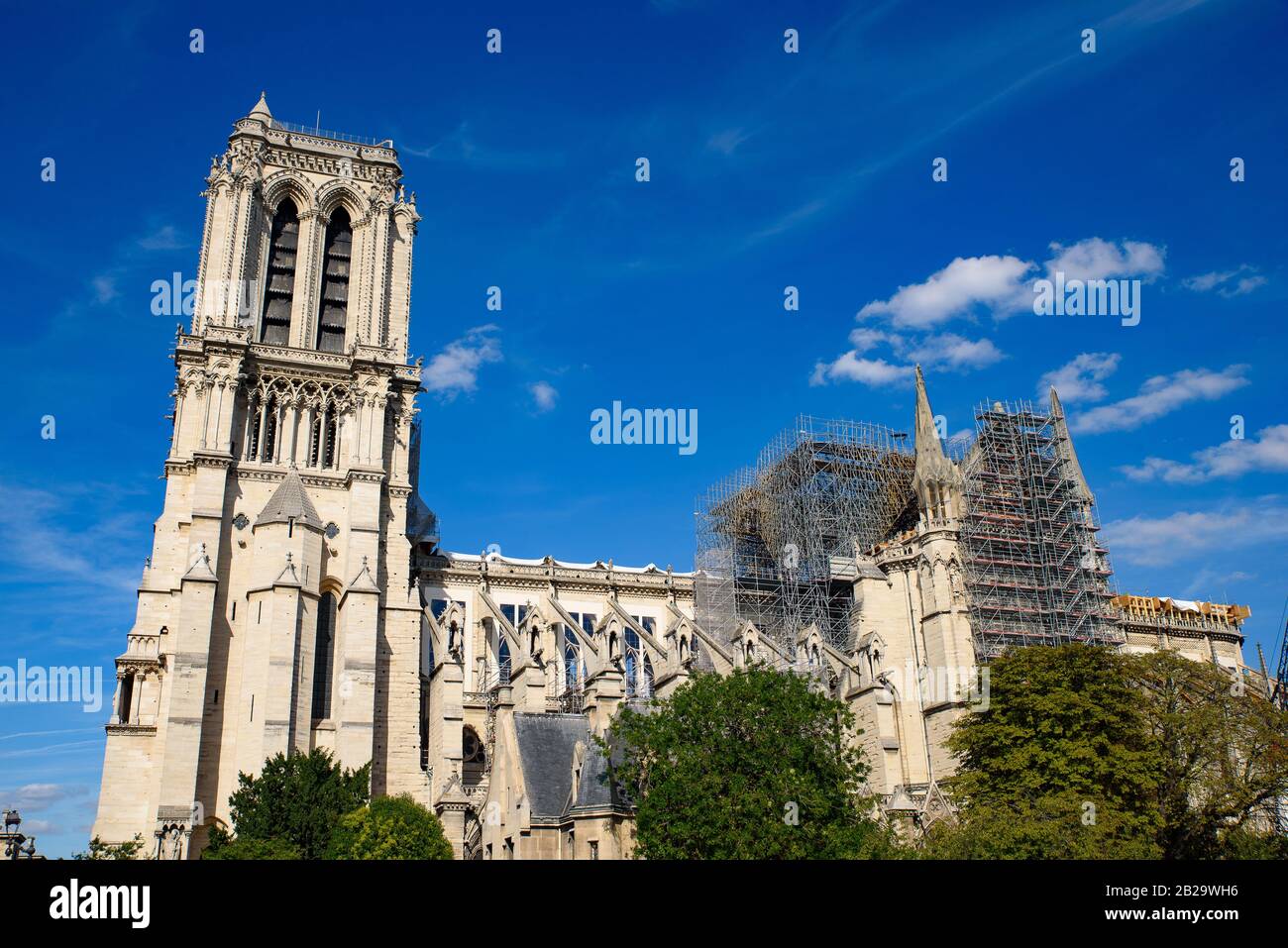 Notre Dame Cathedral under reconstruction after the fire in Paris, France Stock Photo