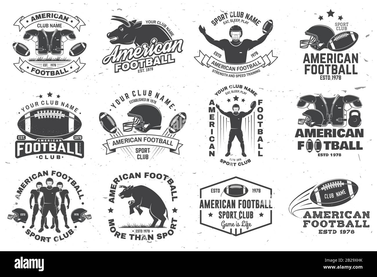 Set Of American Football Or Rugby Club Badge Vector For Shirt Logo Print  Stamp Patch Vintage Design With Bull American Football Sportsman Player  Helmet Ball And Shoulder Pads Silhouette Stock Illustration 