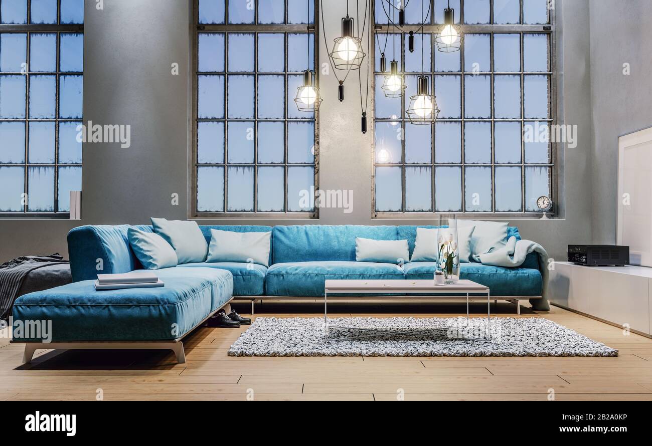 Modern interior design of living room, large modular blue velvet sofa with  white pillows, dusk, night, high ceiling, huge windows, 3d rendering, 3d il  Stock Photo - Alamy