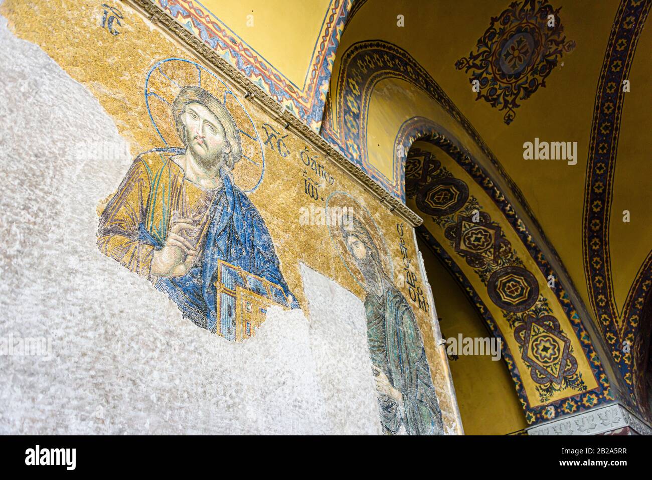 Byzantine, later Greek Orthodox, depictions of Jesus and Saint Joseph on a wall inside the Hagia Sofia Museum, Istanbul, Turkey Stock Photo