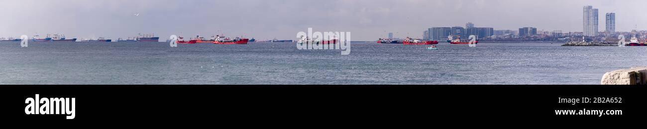 Dozens of ships and tankers wait in the Sea of Marmara to pass through the Bosphorus strait into the Black Sea Stock Photo