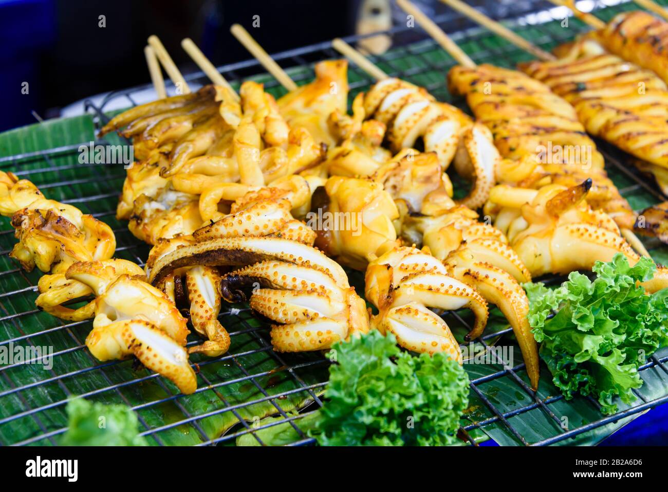 Skewers of port and chicken on sale at a street food stall, Bangkok, Thailand Stock Photo