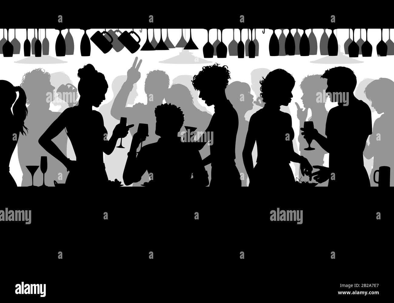 Editable vector silhouette of people enjoying themselves in a crowded bar with all elements as separate objects Stock Vector