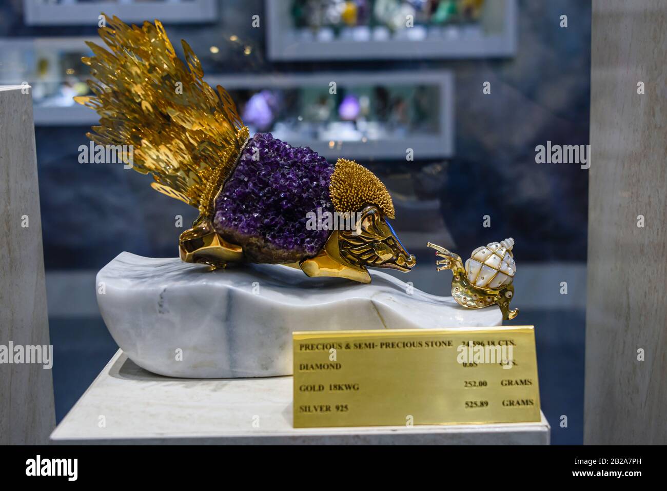 Gold, silver and Diamond ornament in a display case at Gems Gallery diamond factory, Bangkok, Thailand Stock Photo