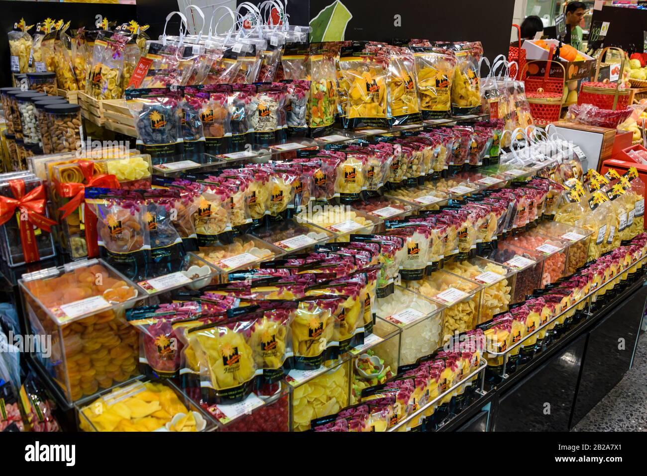 Selection of dried fruits in a supermarket, Bangkok, Thailand Stock Photo