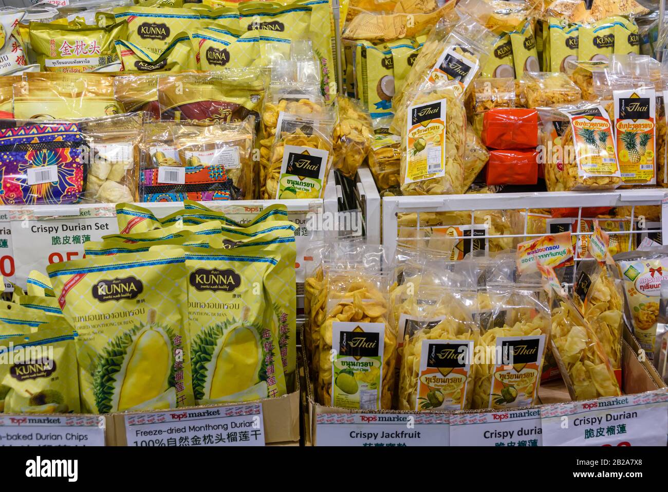 Selection of packets of dried durian fruit in a supermarket, Bangkok, Thailand Stock Photo