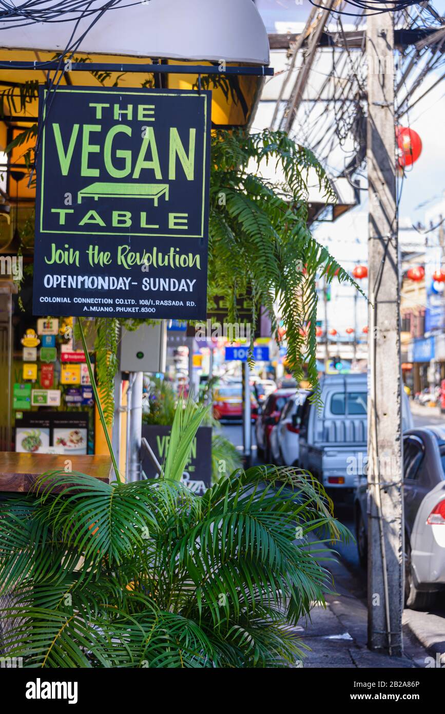 Sign for the Vegan Table Restaurant, Phuket, Bangkok Stock Photo