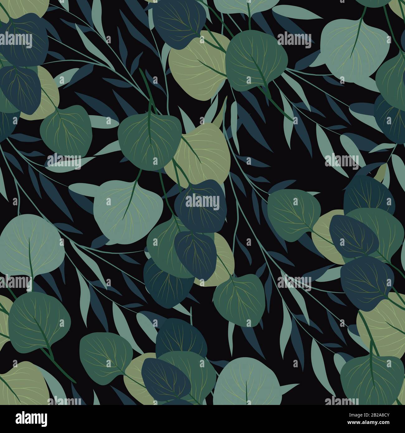 Seamless pattern with branches of a willow and eucalyptus on a dark ...