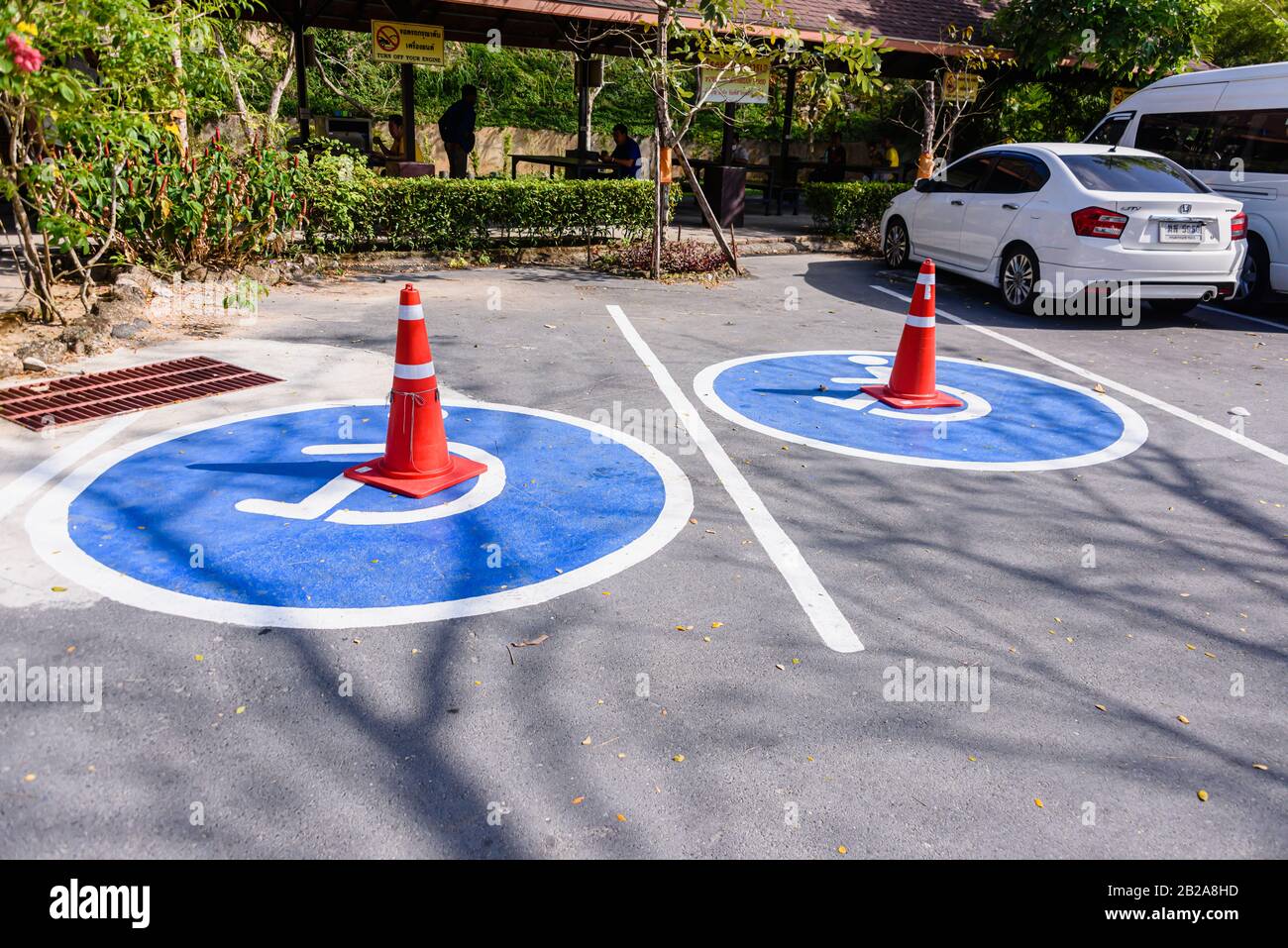 Traffic Cones on freshly painted road markings for disabled parking spaces. Stock Photo
