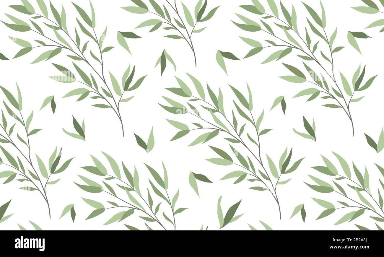 Seamless horizontal pattern with branches of a willow on a white background. Vector illustration Stock Vector
