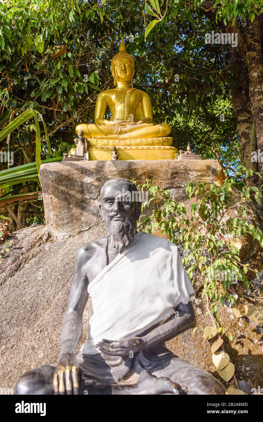 Statue of a Golden Buddha and a Buddhist Monk, Thailand Stock Photo