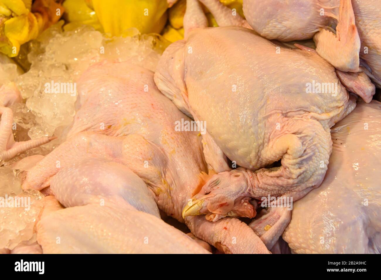 Raw chickens for sale at a Thai butchers food market stall, Thailand Stock Photo